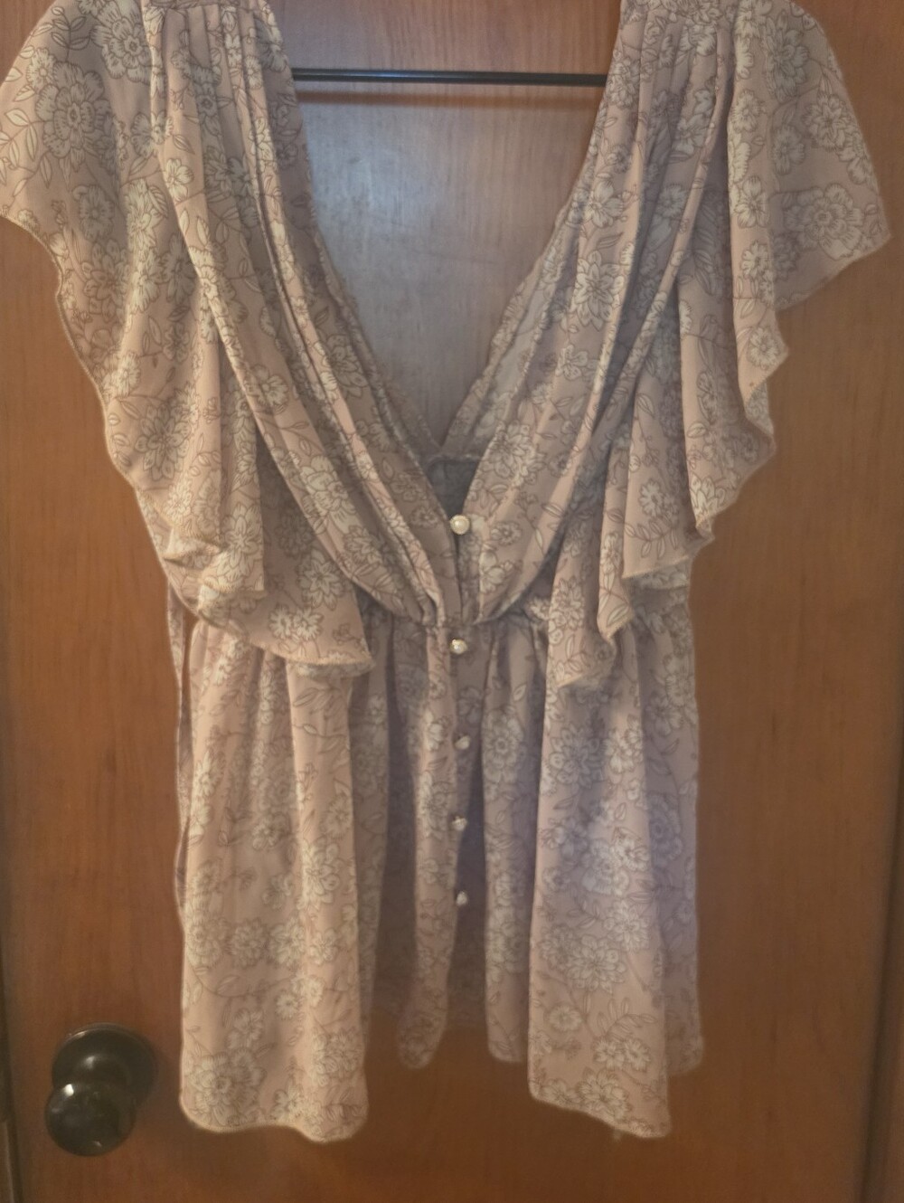 Floral V-Neck Ruffle Sleeve Blouse in Tan